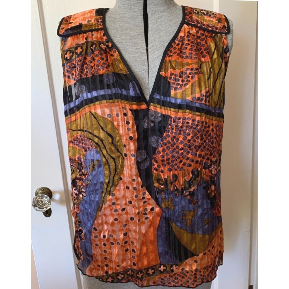 Of Two Minds Silk‎ Abstract Print Sleeveless V-Neck Blouse Orange Blue Small